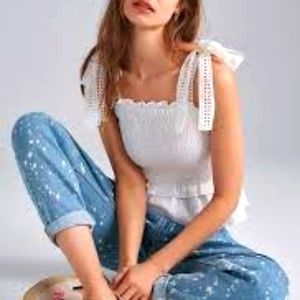 Anthropologie Eri + Ali White Stephanie Smocked Eyelet Tank XL